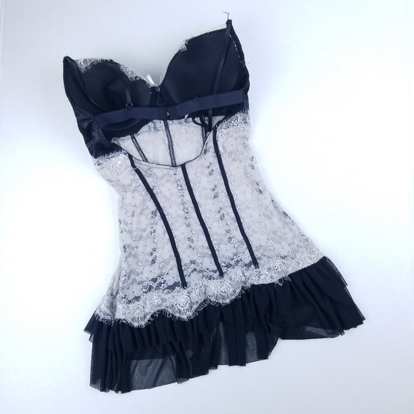 Lace Skirted Teddy Top 38C Sexy Black Pink - Picture 2 of 7